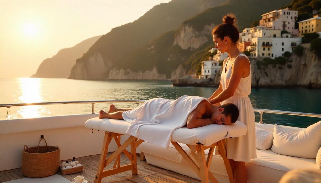 Massage on wellness spa yacht retreat near Positano in Amalfi Coast.